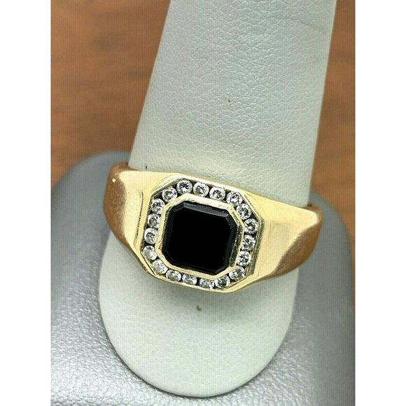 Diamond Black Onyx Ring 0.25ctw 14k Yellow Gold Unisex Size 11 Estate Je… - Picture 6 of 13